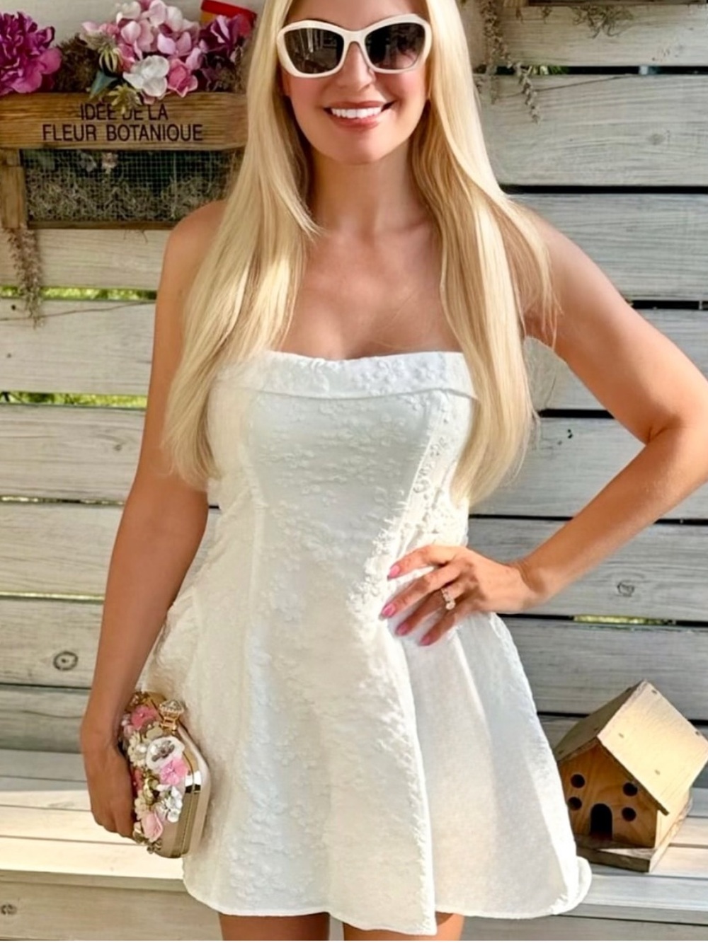 Lucy in the Sky Strapless White Floral-Textured Fit & Flare Dress